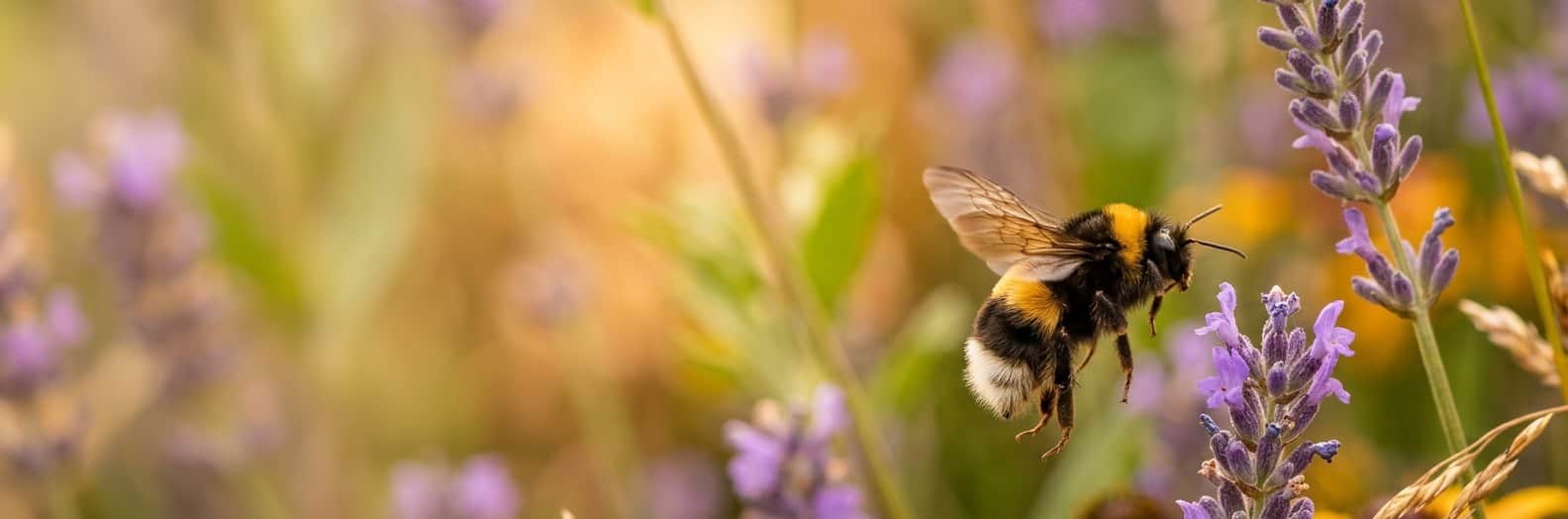 Een hommel vliegt naar lavendel in een bloemenweide