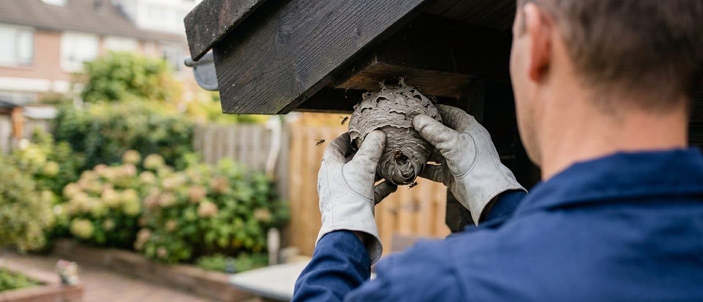 De bestrijder verwijdert een wespennest onder een houten dakrand
