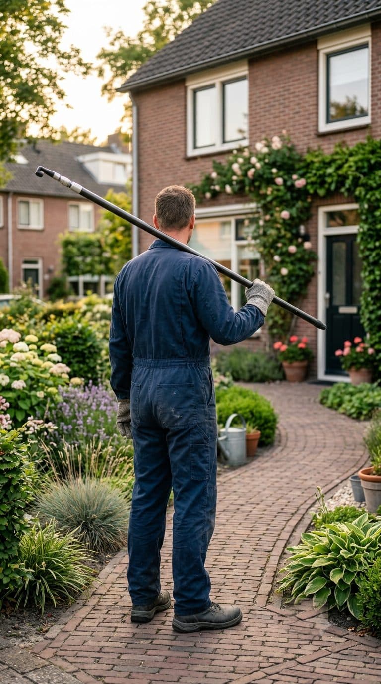 De bestrijder van Wesploos met een verlengsteel in een tuin in Huizen