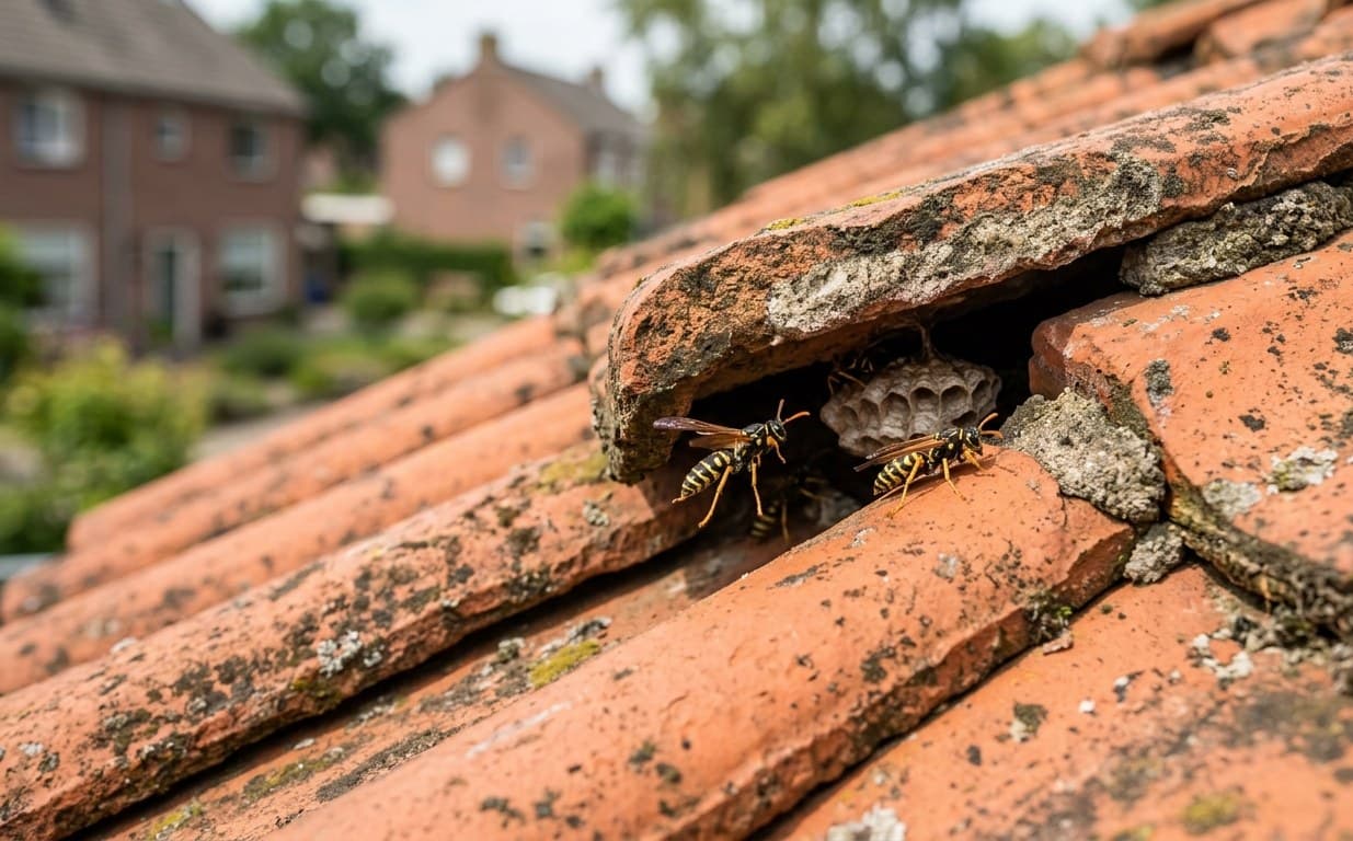 Een wespennest onder de dakpannen