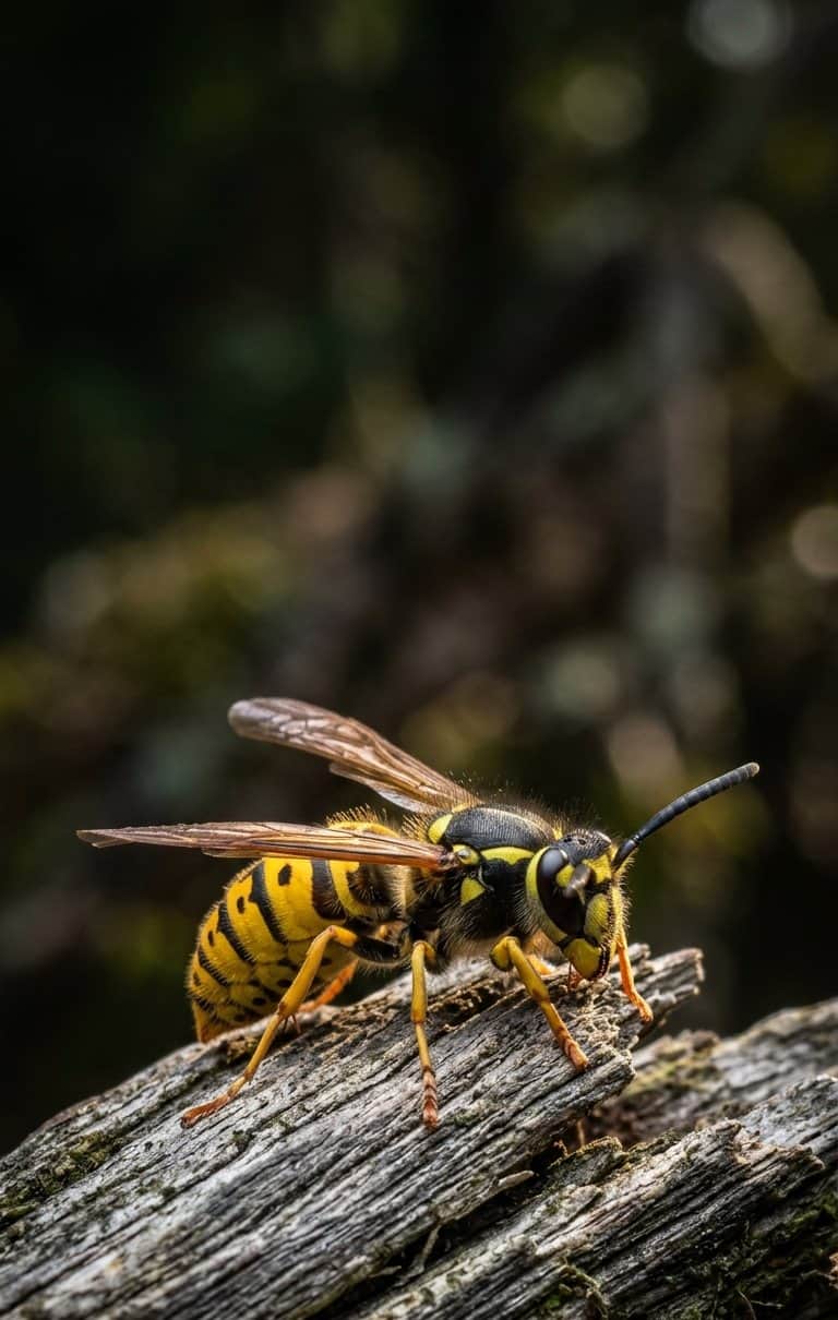 Een wesp van dichtbij op verweerd hout